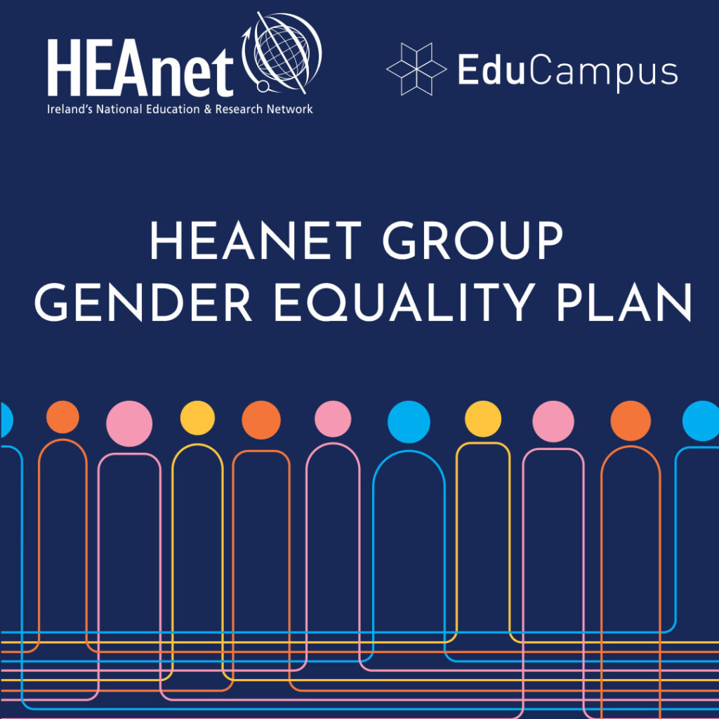 HEAnet logo and EduCampus Logoo HEAnet Group Gender Equality Plan Colourful abstract visual of people