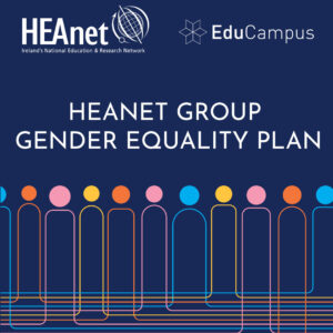 HEAnet logo and EduCampus Logoo HEAnet Group Gender Equality Plan Colourful abstract visual of people